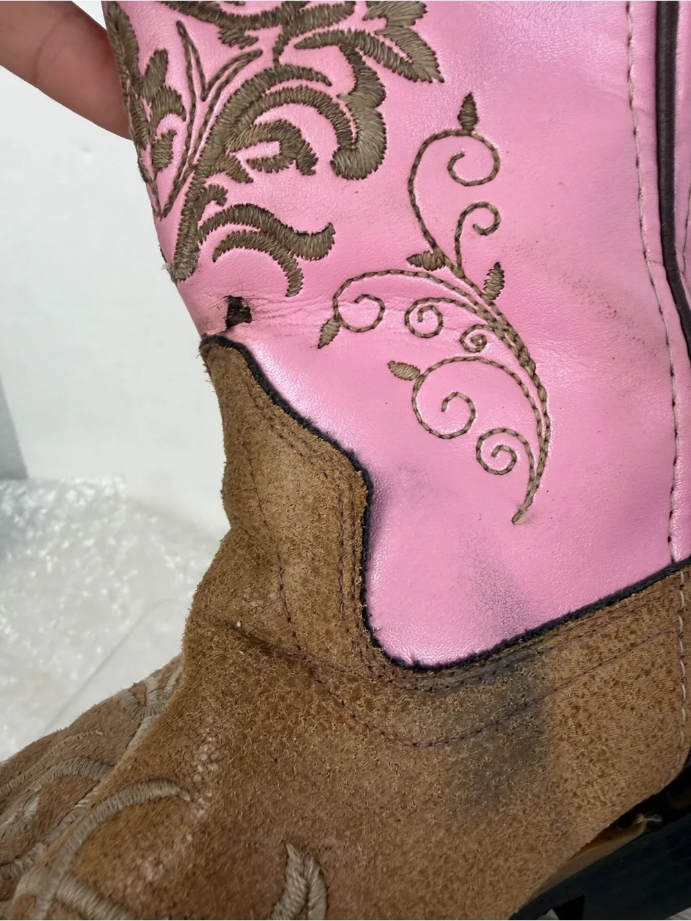 Old West kid's cowboy boots brown leather foot bed pink shaft embroidery size 3
